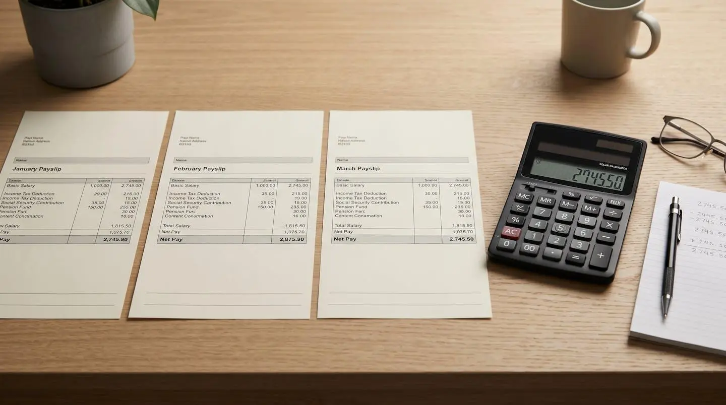 Calculatrice et feuilles de paie comparatives montrant les calculs de salaire net après charges sociales