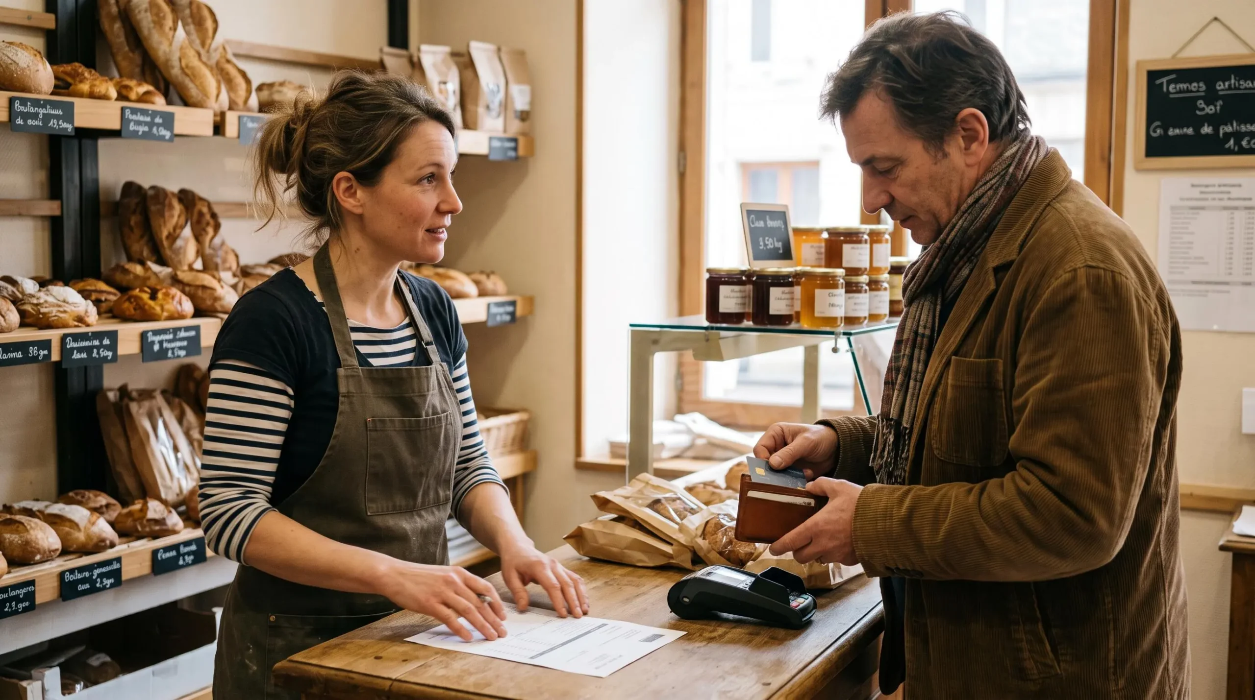 Commerçante française remettant une facture à un client qui s'apprête à payer par carte bancaire au comptoir