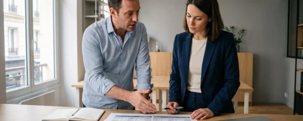 Dirigeant de TPE et conseiller financier debout en rendez-vous dans un bureau français, pointant ensemble un document de prévision de trésorerie posé sur la table